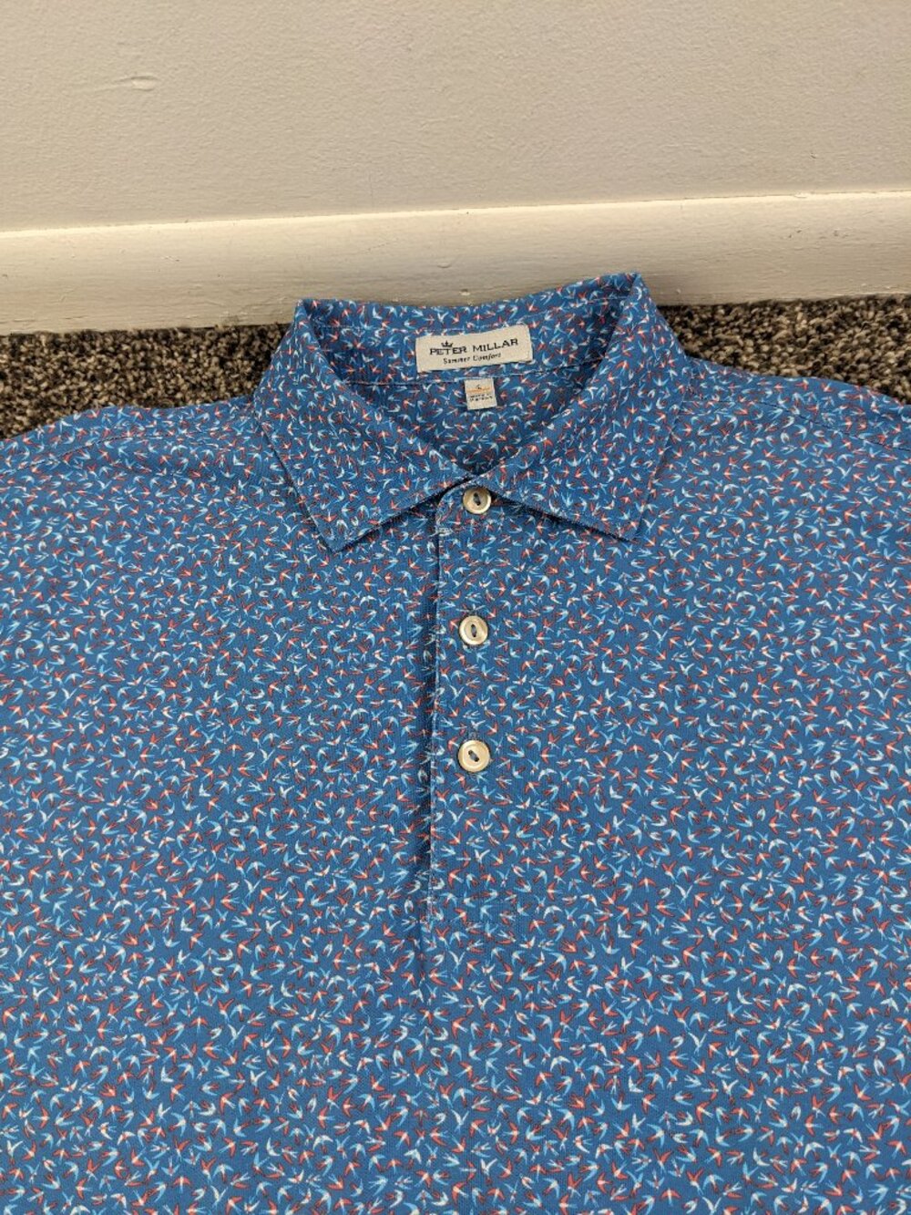 Peter Millar Summer Comfort Polo Shirt Cathay Swallows Bird Print Mens Large